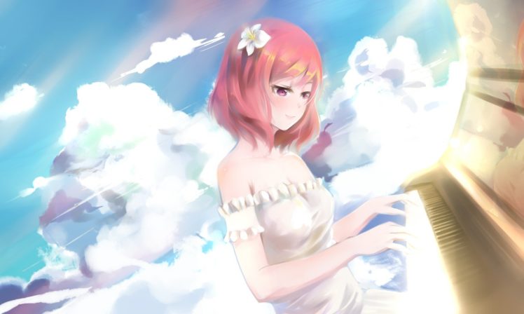 Love Live!, Nishikino Maki, Sky, White dress, Clouds, Flower in hair, Piano, Anime girls, Anime HD Wallpaper Desktop Background