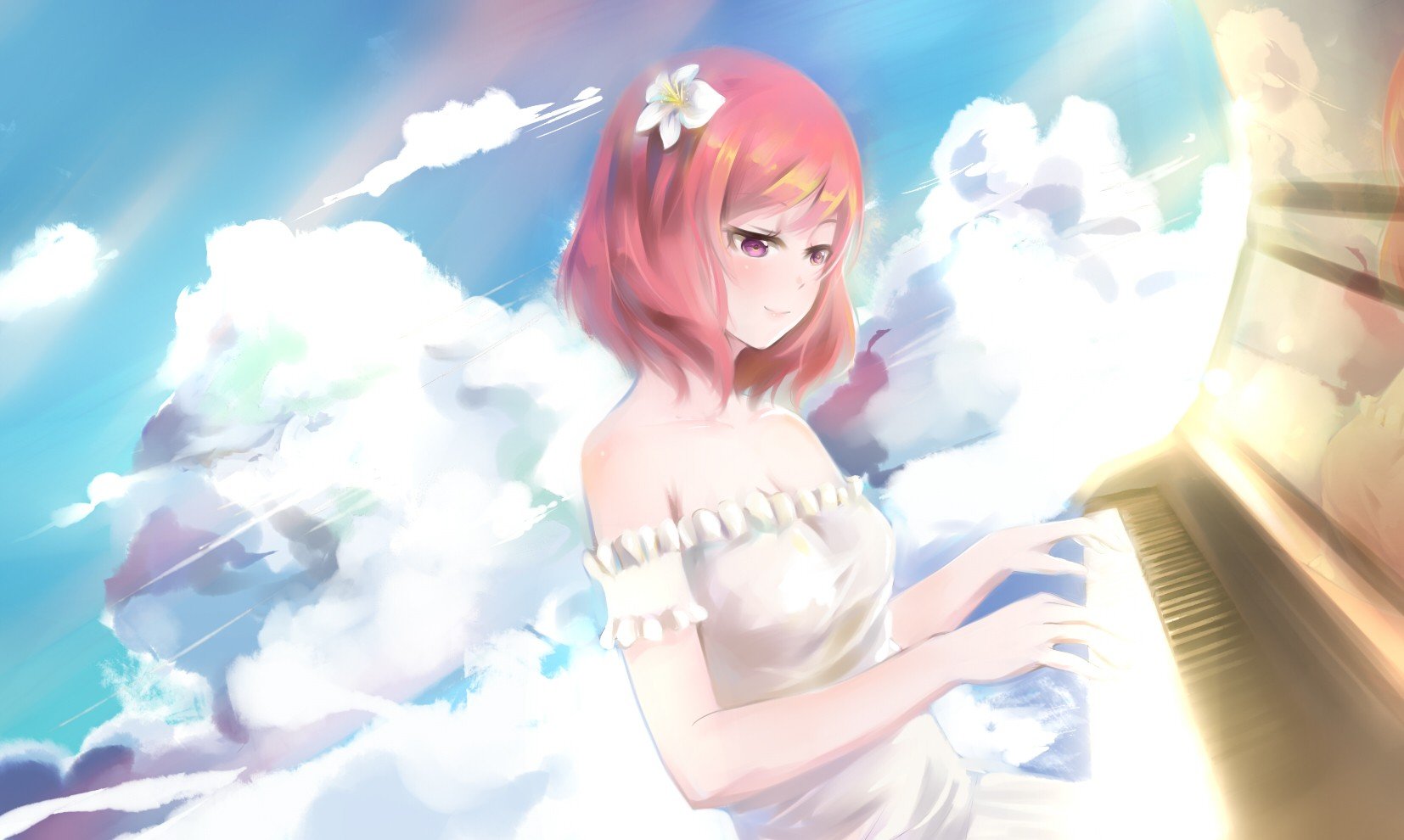 Love Live!, Nishikino Maki, Sky, White dress, Clouds, Flower in hair, Piano, Anime girls, Anime Wallpaper