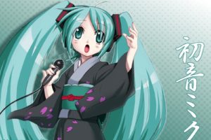 Hatsune Miku, Vocaloid, Twintails, Microphones, Kimono, Anime girls