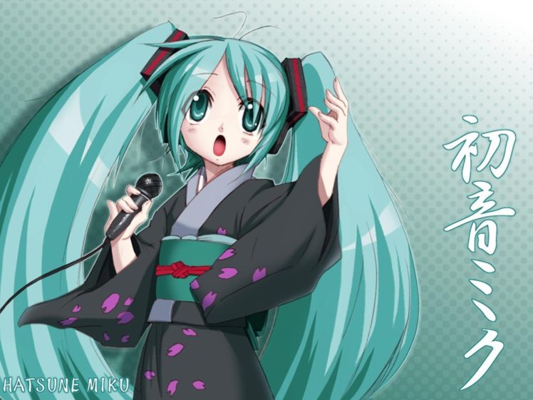 Hatsune Miku, Vocaloid, Twintails, Microphones, Kimono, Anime girls HD Wallpaper Desktop Background