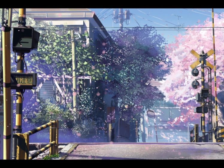 5 Centimeters Per Second, Cherry blossom, Railway crossing, Makoto Shinkai HD Wallpaper Desktop Background