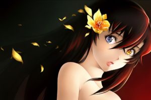 anime girls, Heterochromia, Flowers, Kurogane no Linebarrel, Kizaki Emi