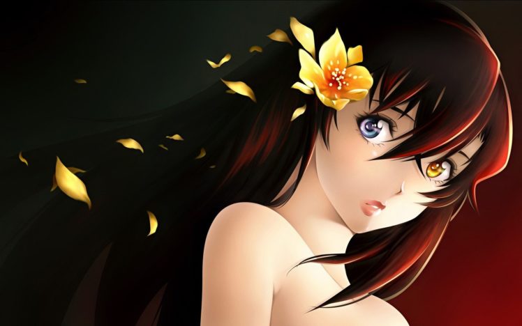 anime girls, Heterochromia, Flowers, Kurogane no Linebarrel, Kizaki Emi HD Wallpaper Desktop Background