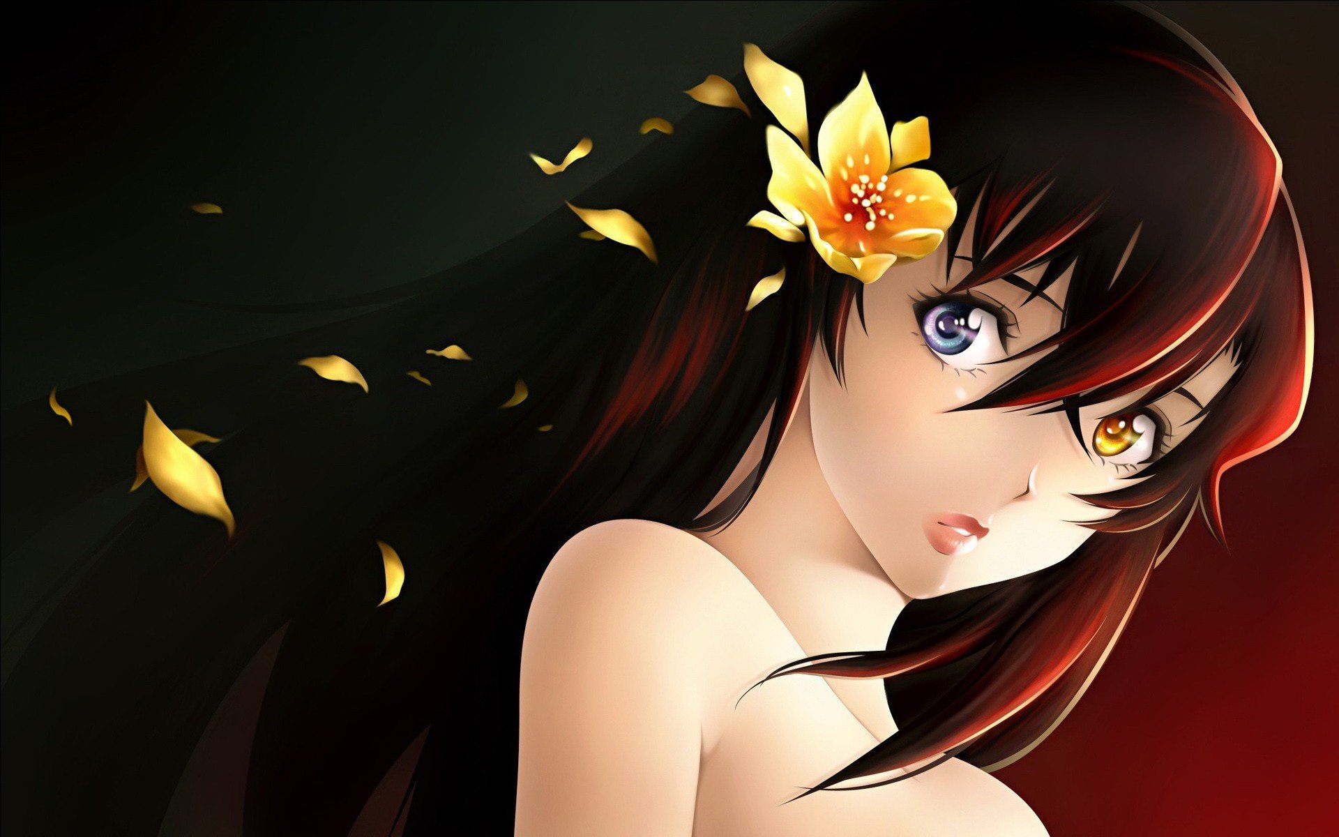 anime girls, Heterochromia, Flowers, Kurogane no Linebarrel, Kizaki Emi Wallpaper