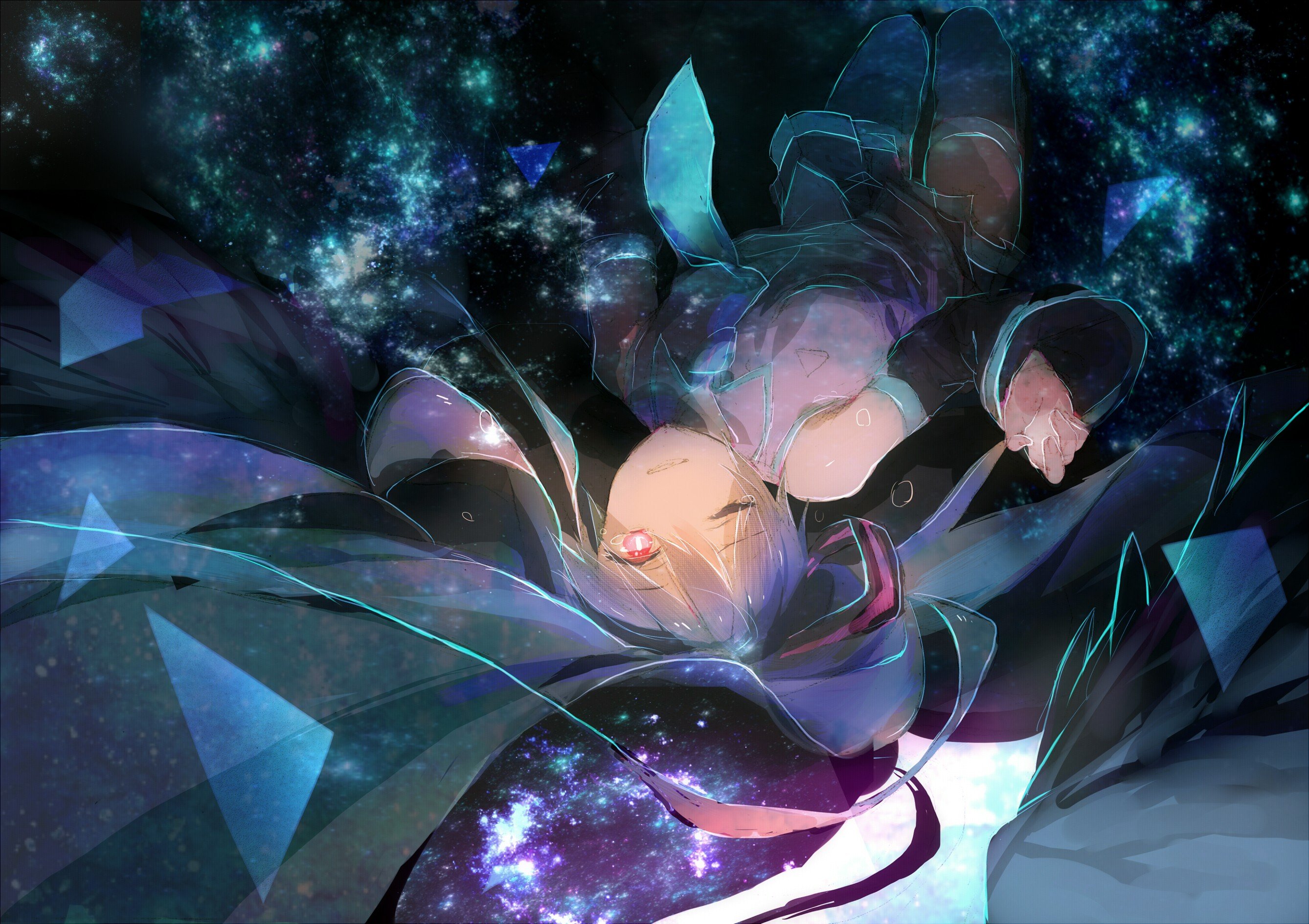 Vocaloid, Hatsune Miku, Floating, Thigh highs, Long hair, Neckties, Red eyes, Space, Anime girls, Anime Wallpaper