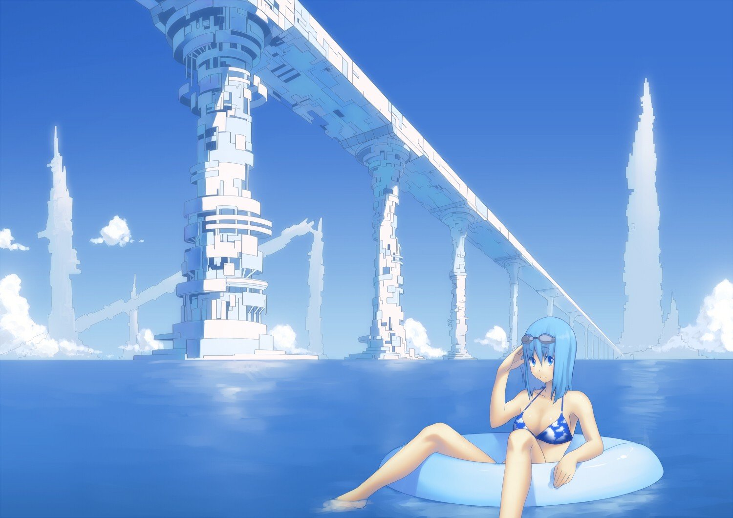 sea, Bridge, Anime girls, Blue hair, Original characters, Goggles Wallpaper