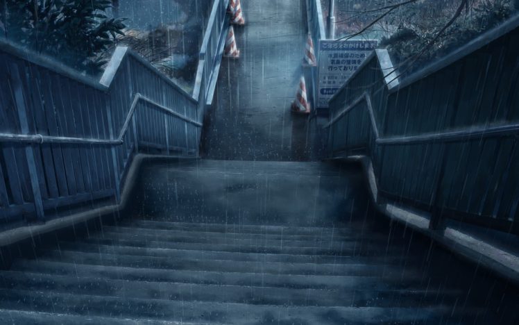 anime, Stairs, Rain, Night HD Wallpaper Desktop Background