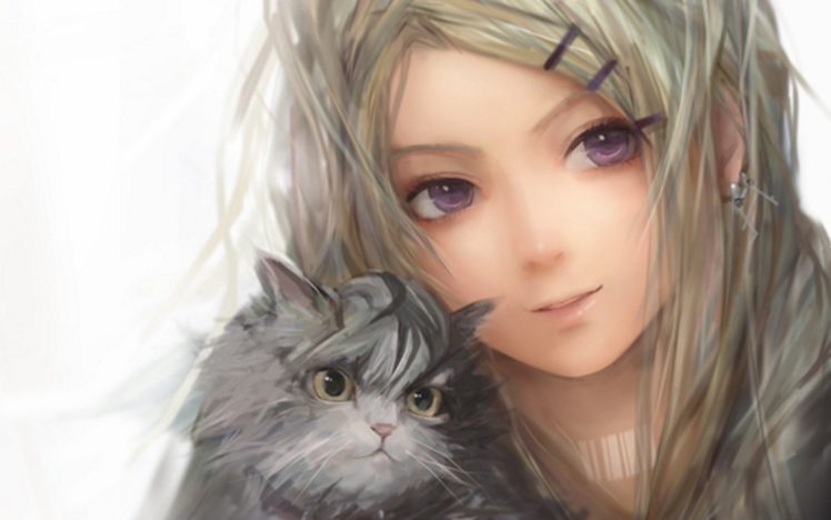 anime girls, White background, Cat, Animals, Kittens HD Wallpaper Desktop Background