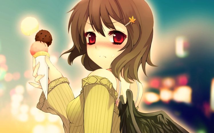 anime girls, Red eyes, Ice cream, Short hair, Brunette, Wings HD Wallpaper Desktop Background