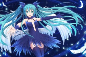 Vocaloid, Hatsune Miku, Wings, Feathers, Long hair, Twintails, Thigh highs, Ribbon, Anime girls, Anime