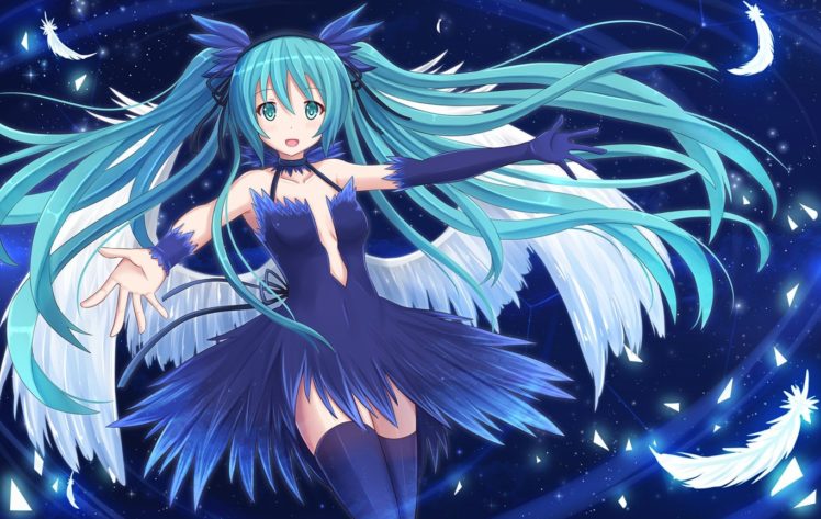Vocaloid, Hatsune Miku, Wings, Feathers, Long hair, Twintails, Thigh highs, Ribbon, Anime girls, Anime HD Wallpaper Desktop Background
