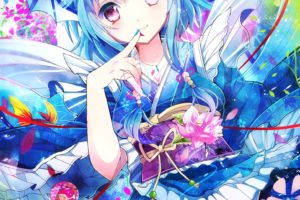 Wakasagihime, Touhou, Wings, Flowers, Flower in hair, Traditional clothing, Ribbon, Jewelry, Kimono, Sheet, Petals, Flower petals, Short hair, Anime girls, Anime