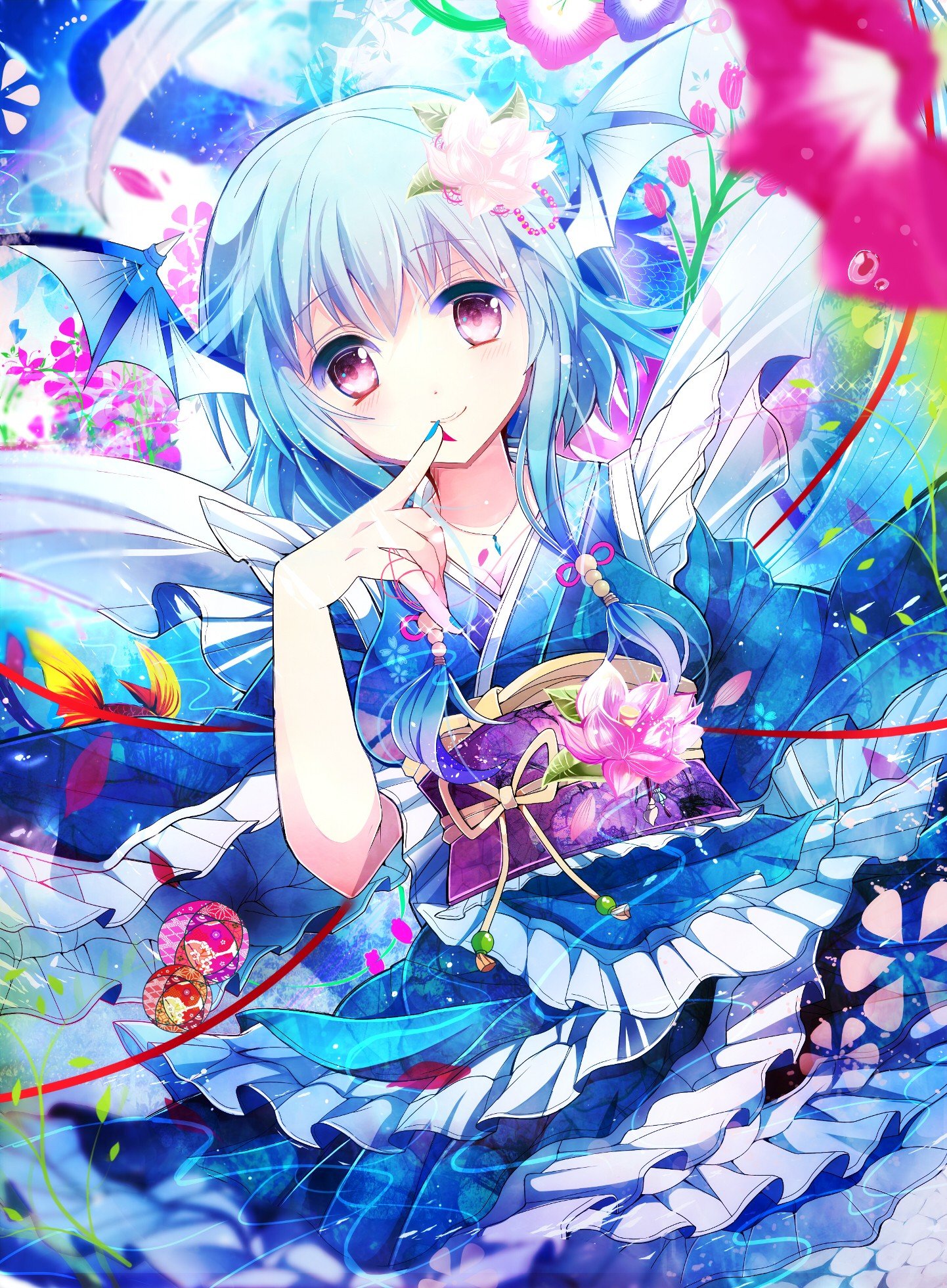 Wakasagihime, Touhou, Wings, Flowers, Flower in hair, Traditional clothing, Ribbon, Jewelry, Kimono, Sheet, Petals, Flower petals, Short hair, Anime girls, Anime Wallpaper