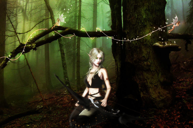 elves, Warrior, Archer, Fairy, Forest, Trunk, Tree, Blonde, Girl, Fantasy, Elf HD Wallpaper Desktop Background