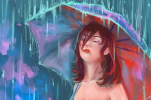painting, Art, Rain, Umbrella, Redhead, Girl, Fantasy, Girl, Mood