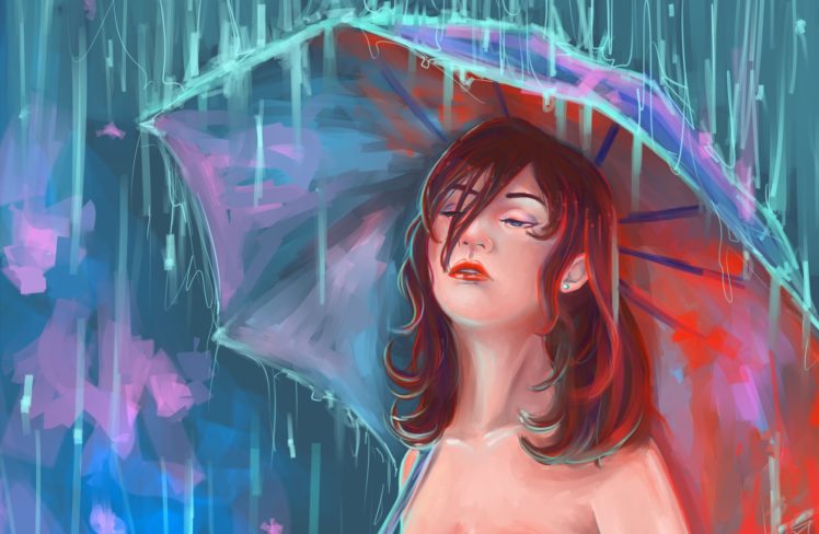 painting, Art, Rain, Umbrella, Redhead, Girl, Fantasy, Girl, Mood HD Wallpaper Desktop Background