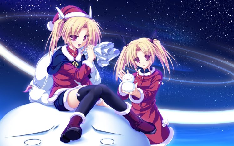 anime girls, Blonde, Santa hats, Knee highs, Snowmen, Night, Stars, Magus Tale, Nina Geminis, Rena Geminis HD Wallpaper Desktop Background