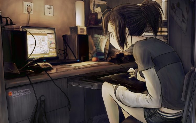 anime girls, Graphics tablets, Brunette, Meta, Computer HD Wallpaper Desktop Background