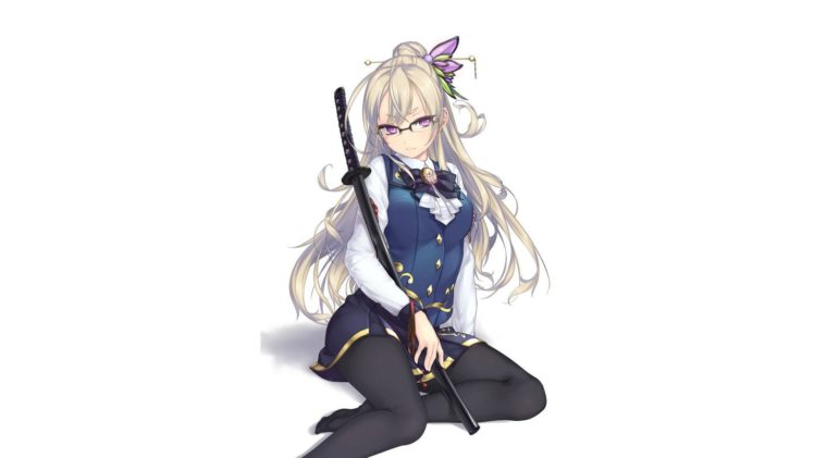 white background, Anime girls, Katana, White hair, Hair ornament, Tights, Uniform, Purple eyes HD Wallpaper Desktop Background