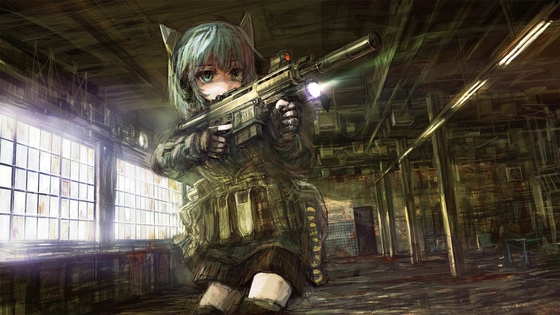 op center, Anime, Anime girls, Gun, Machine gun Wallpaper