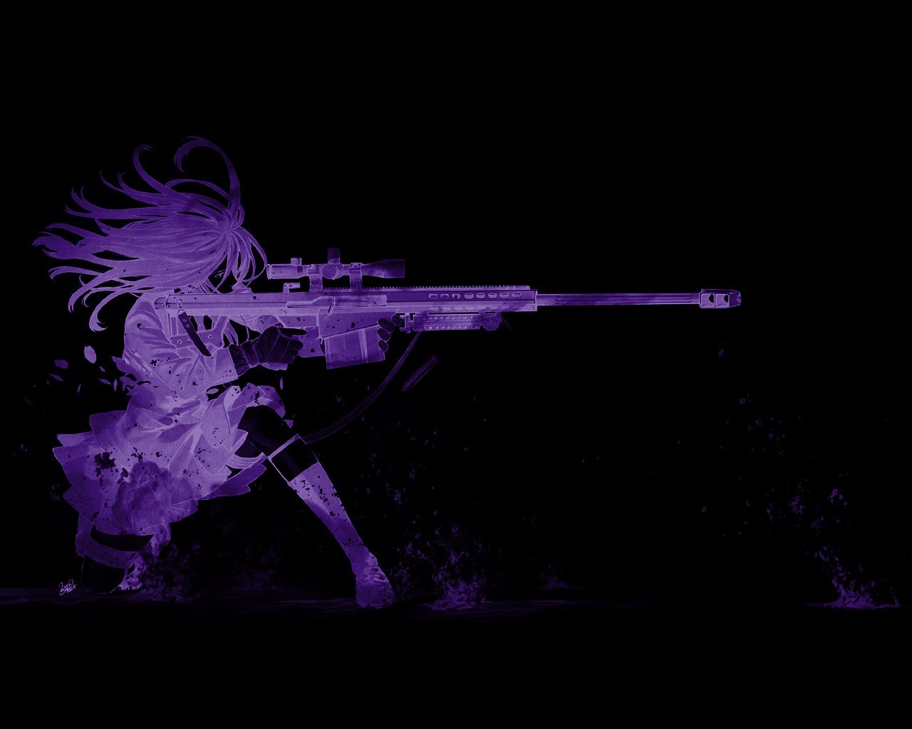 Dark Black Background Purple Anime Girls Gun Sniper Rifle Kozaki | Hot ...