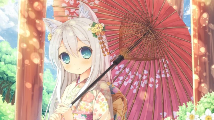 nekomimi, Anime girls, Long hair, Umbrella, Hair ornament, Original characters HD Wallpaper Desktop Background