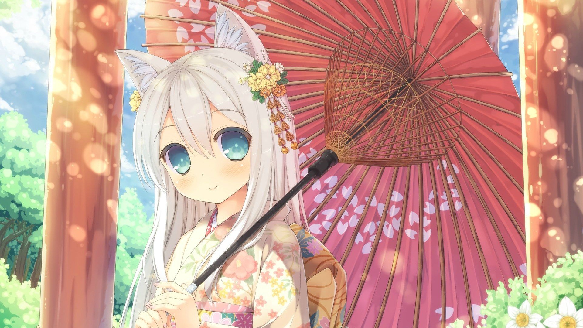 nekomimi, Anime girls, Long hair, Umbrella, Hair ornament, Original characters Wallpaper