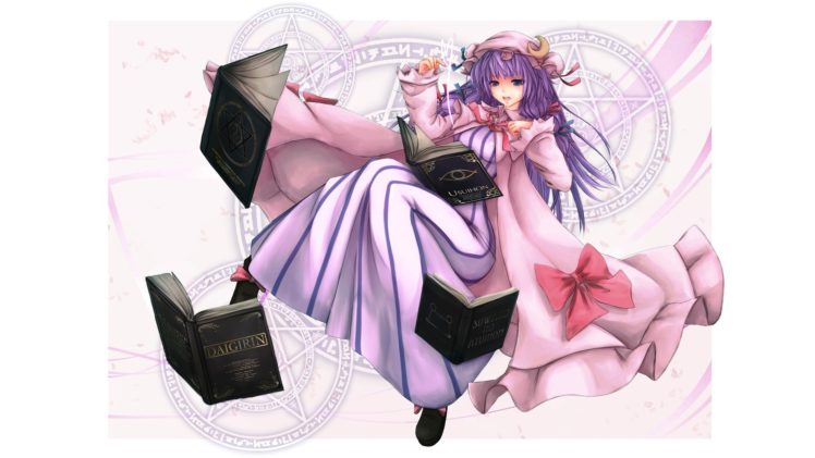 Touhou, Video games, Patchouli Knowledge, Books, Magic, Purple hair, Crescent moon HD Wallpaper Desktop Background