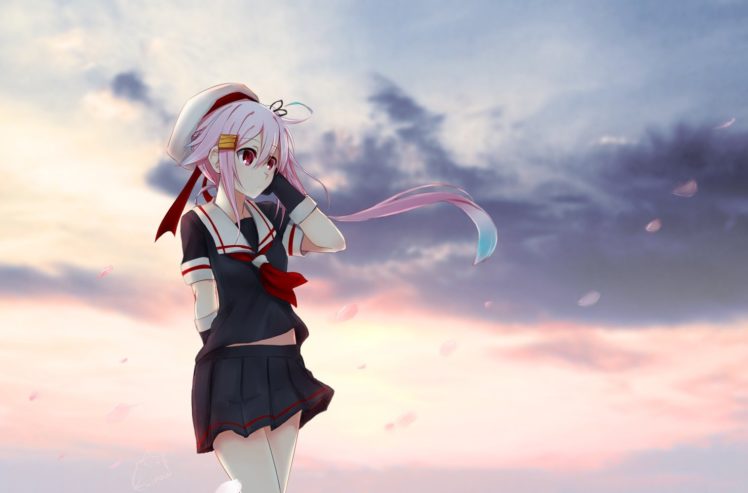 Harusame (KanColle), Kantai Collection, Long hair, Ribbon, Flower petals, Sky, Clouds, Anime, Anime girls HD Wallpaper Desktop Background