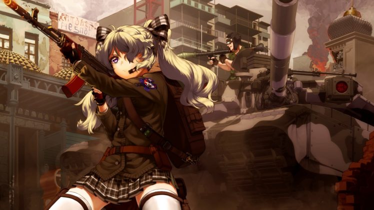 original characters, Anime girls, Anime, Weapon, Tank, AK 47, Gun, Military, Skirt HD Wallpaper Desktop Background