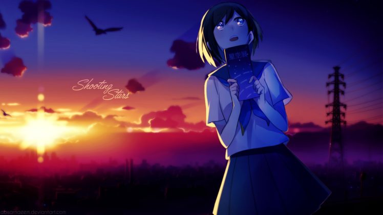 original characters, Anime, Anime girls, School uniform, Short hair, Sunset, Skirt HD Wallpaper Desktop Background