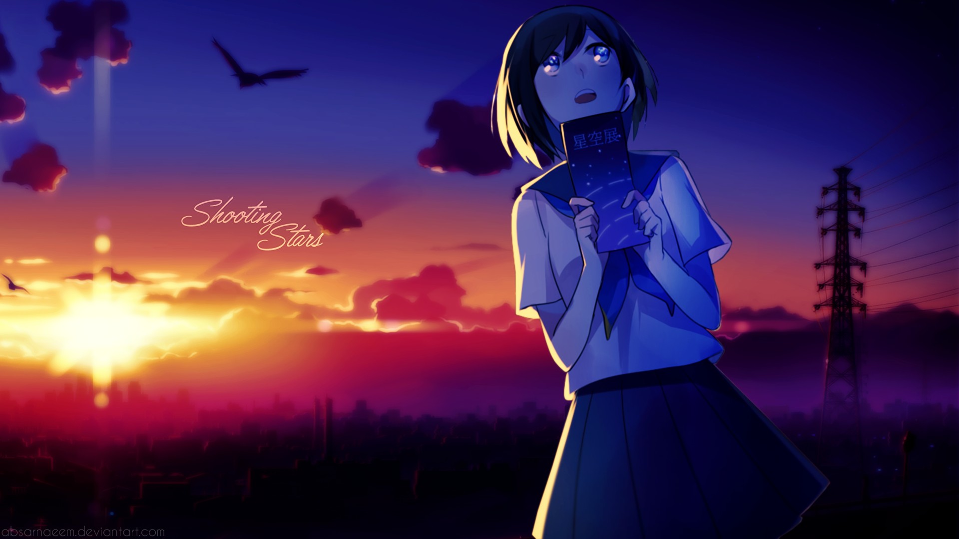 original characters, Anime, Anime girls, School uniform, Short hair, Sunset, Skirt Wallpaper
