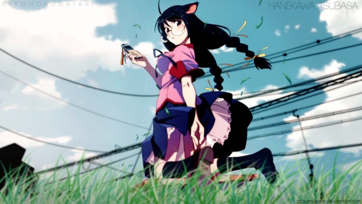 anime, Hanekawa Tsubasa, Monogatari Series, School uniform, Anime girls, Animal ears, Braids, Nekomimi HD Wallpaper Desktop Background