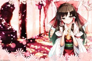 Touhou, Hakurei Reimu, Anime girls, Miko, Blushing, Brunette, Cherry blossom