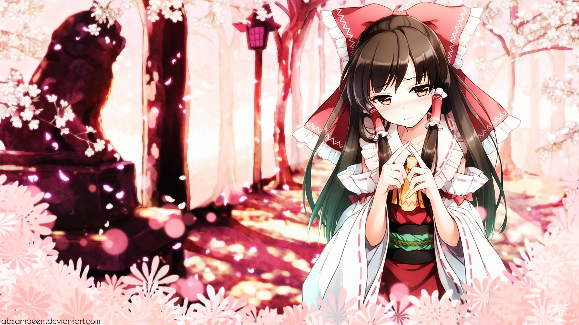 Touhou, Hakurei Reimu, Anime girls, Miko, Blushing, Brunette, Cherry blossom Wallpaper