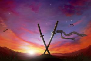 digital art, Sunset, Sword