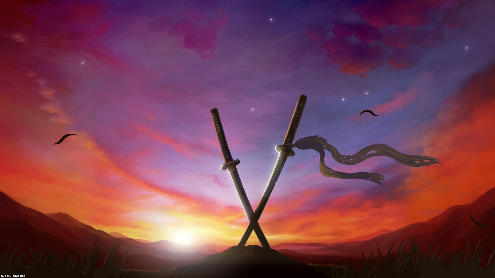 digital art, Sunset, Sword Wallpaper