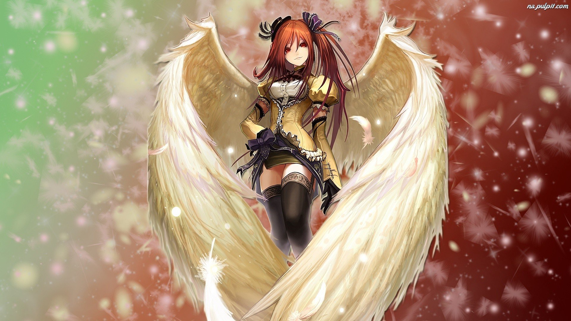 anime girls, Red eyes, Wings Wallpaper