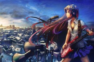 anime girls, Original characters, Skirt, Headphones, Bass guitars