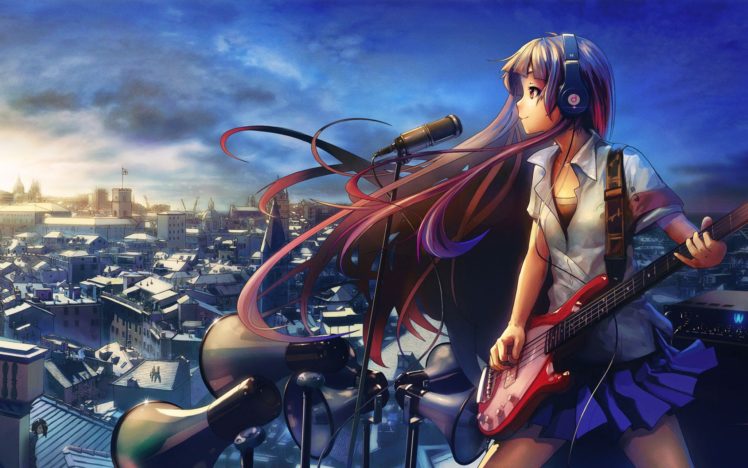 anime girls, Original characters, Skirt, Headphones, Bass guitars HD Wallpaper Desktop Background