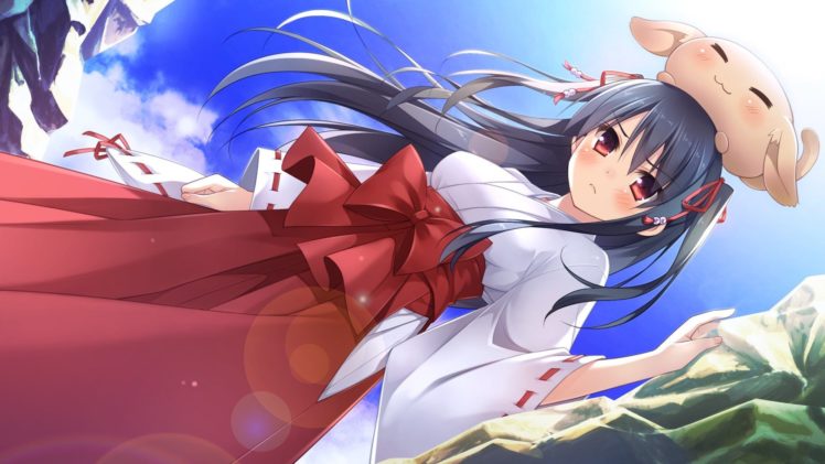 Amakoi Syrups, Anime girls, Visual novel, Miko, Kusaka Hozumi, Shrine maidens, Black hair, Red eyes HD Wallpaper Desktop Background