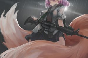 purple hair, Original characters, Anime, Fox girl, Gun, Weapon, Skirt