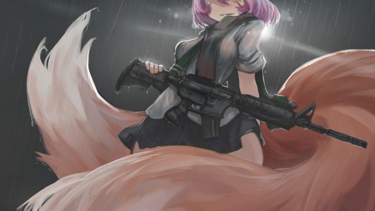 purple hair, Original characters, Anime, Fox girl, Gun, Weapon, Skirt HD Wallpaper Desktop Background