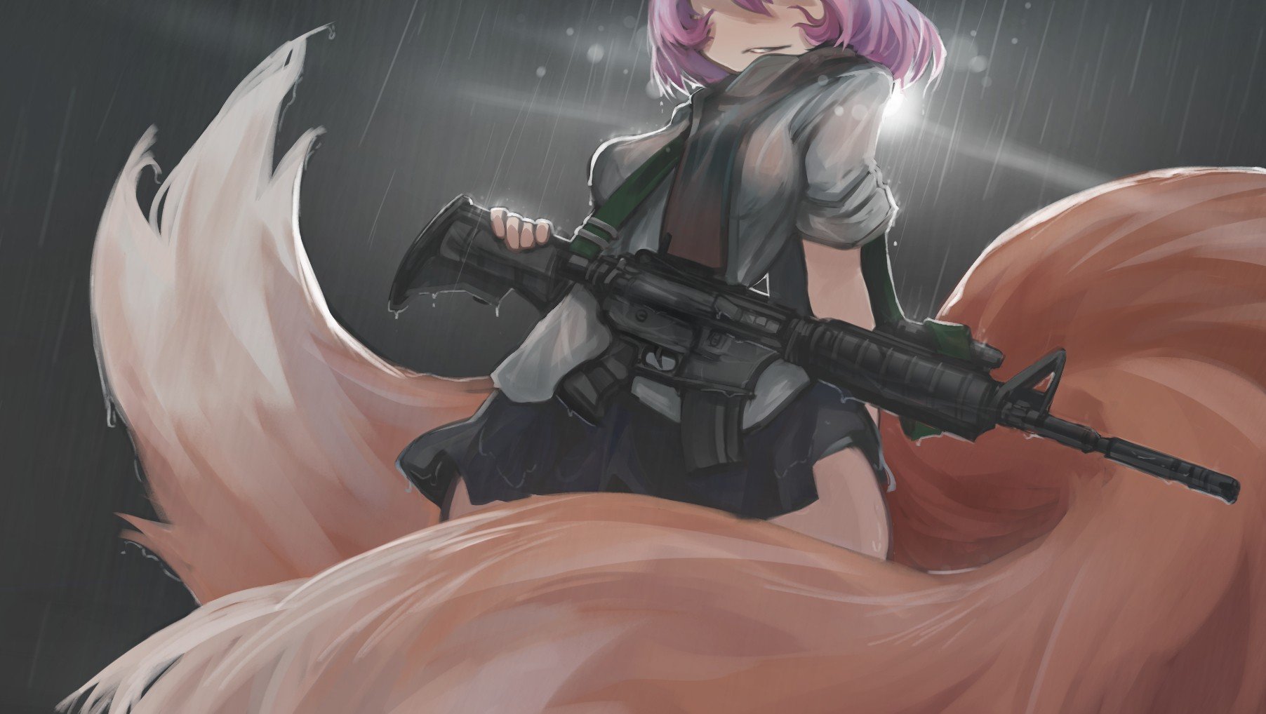 purple hair, Original characters, Anime, Fox girl, Gun, Weapon, Skirt Wallpaper