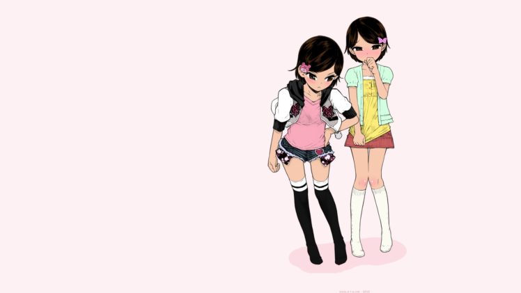 anime, Twins, Short hair, Embarrassed, Short skirt, Shorts, Minasuki Popuri, Manga, Anime girls, Stockings HD Wallpaper Desktop Background