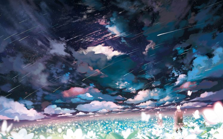 shooting stars, Flowers, Butterfly, Clouds, Mushishi HD Wallpaper Desktop Background