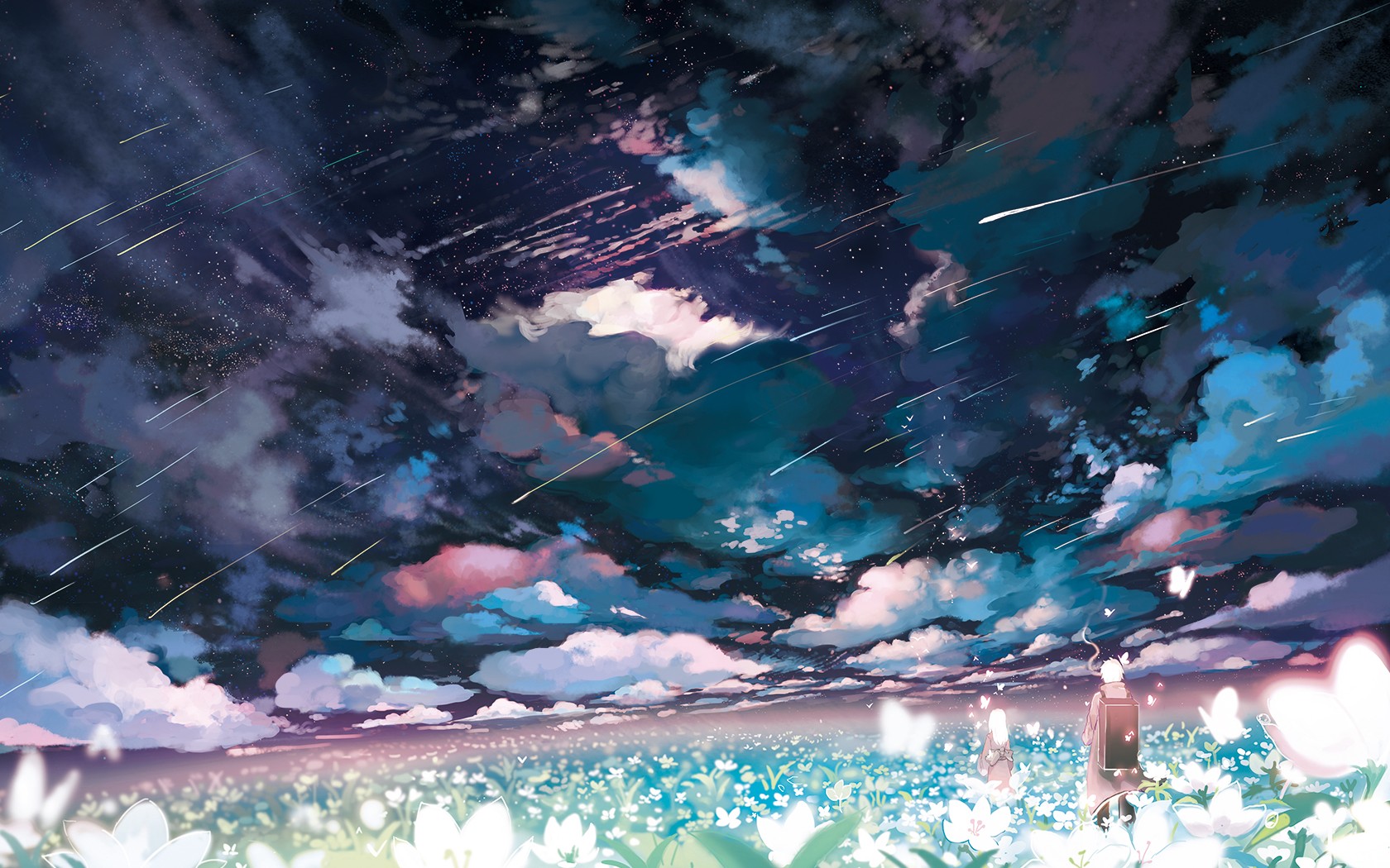 shooting stars, Flowers, Butterfly, Clouds, Mushishi Wallpaper