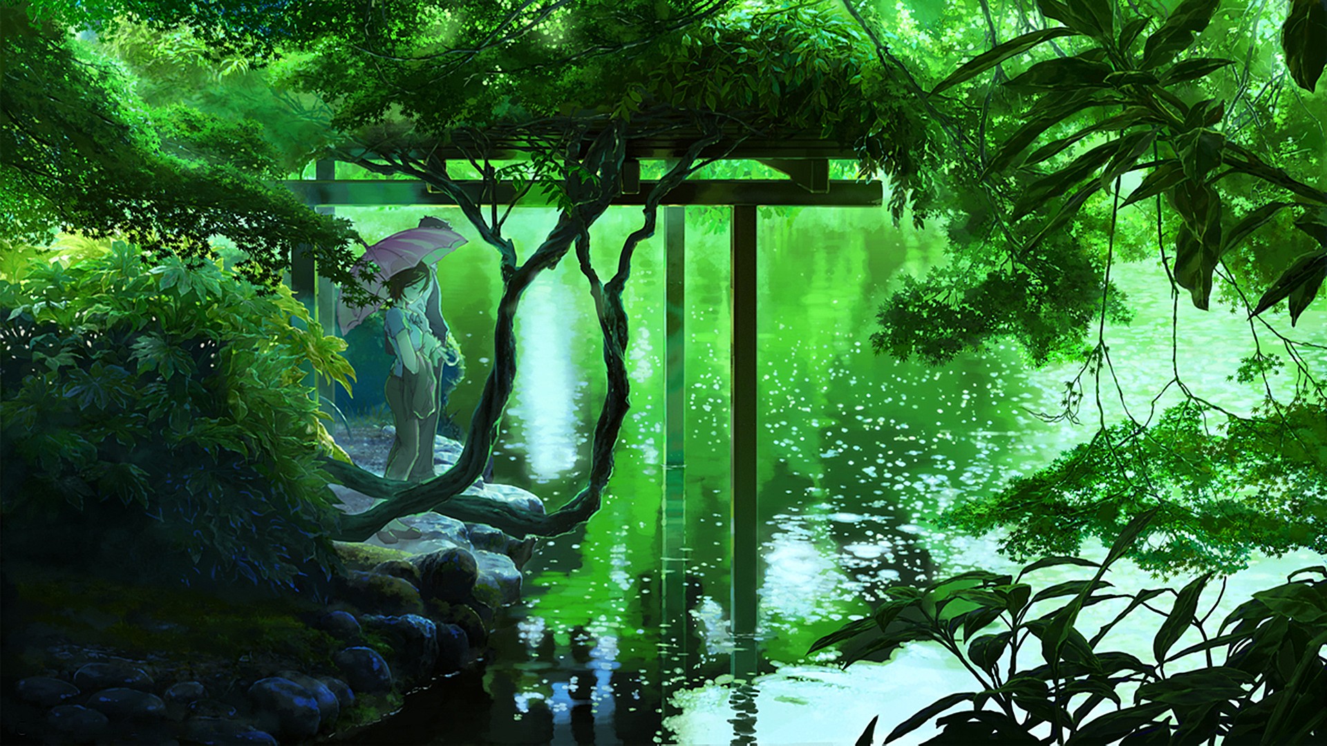 lake, Plants, Forest, The Garden of Words, Nature, Anime, Green Wallpaper
