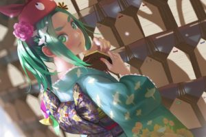 Ononoki Yotsugi, Monogatari Series, Blushing, Green eyes, Green hair, Japanese clothes, Traditional clothing, Yukata, Flowers, Anime, Anime girls