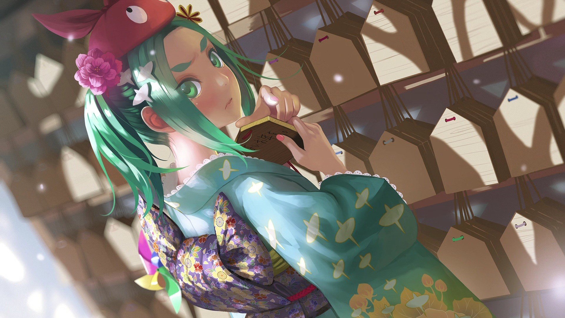 Ononoki Yotsugi, Monogatari Series, Blushing, Green eyes, Green hair, Japanese clothes, Traditional clothing, Yukata, Flowers, Anime, Anime girls Wallpaper